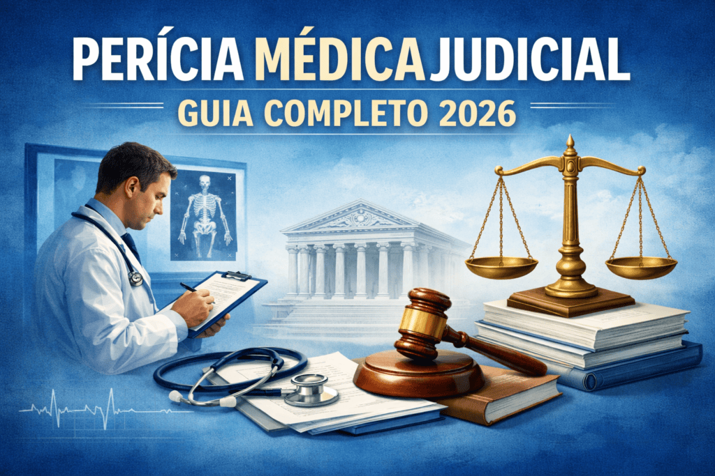 Perícia Médica Judicial: Guia Completo 2026 2 Perícia médica judicial com médico analisando documentos ao lado de balança da justiça e martelo, guia completo 2026